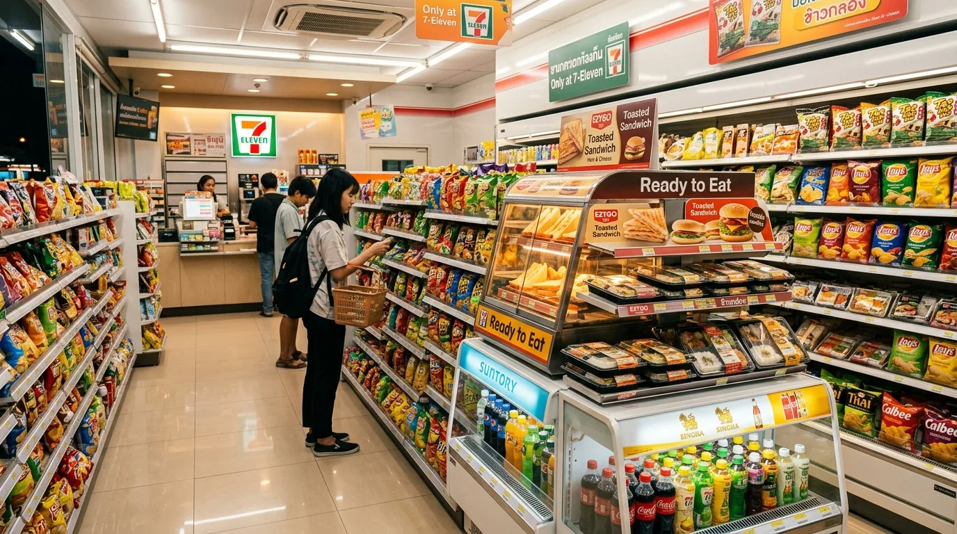 Магазин 7-Eleven в Таиланде, полки с готовой едой и снеками