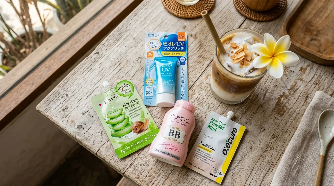 Флэтлей набор косметики из 7-Eleven: крем от солнца Biore UV, гель алоэ Smooto и матирующая пудра Ponds BB