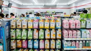 Полки с косметикой в саше: солнцезащитные кремы Biore UV, сыворотки с центеллой и пудра Ponds в 7-Eleven