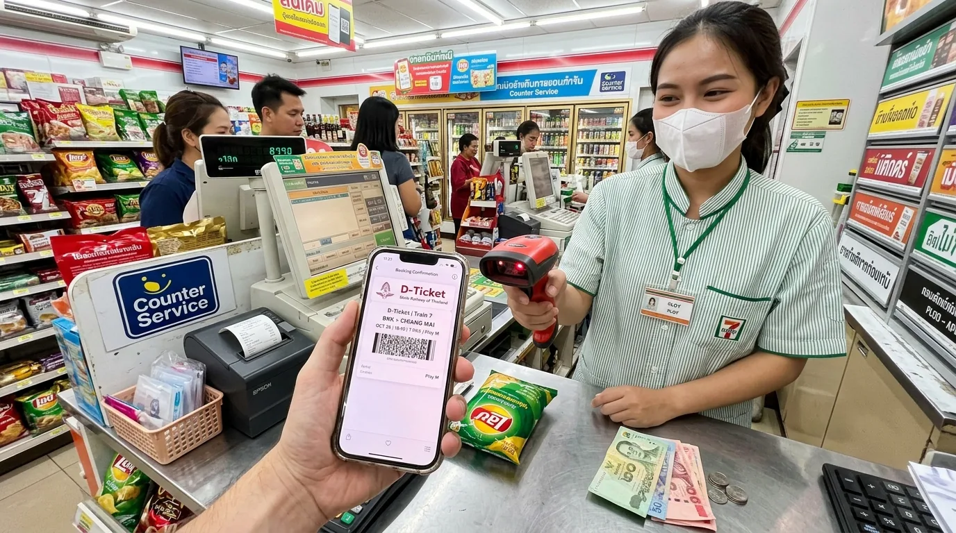 Кассир 7-Eleven сканирует штрихкод бронирования поезда D-Ticket на экране смартфона туриста