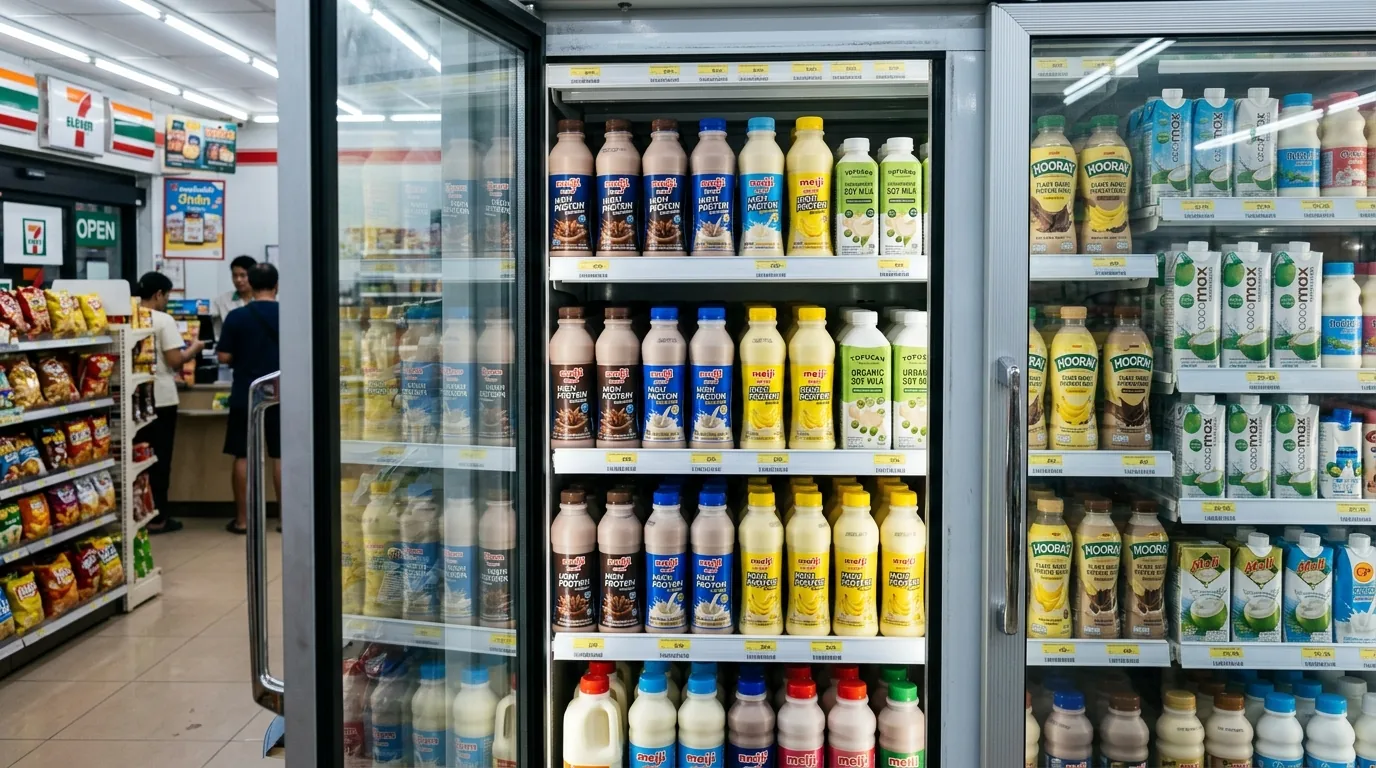Ряды бутылок Meiji High Protein Zero Sugar и органического соевого молока Tofusan на полках 7-Eleven