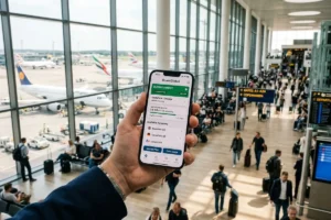 Лучшие eSIM для путешествий 2026: смартфон с активным профилем мобильного интернета в международном аэропорту