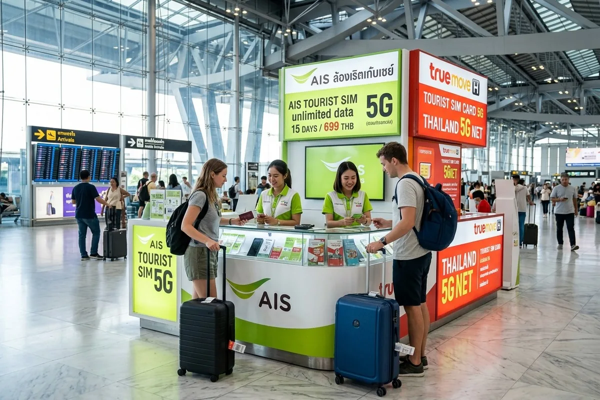 Стойка мобильных операторов AIS и TrueMove в аэропорту Суварнабхуми в Бангкоке