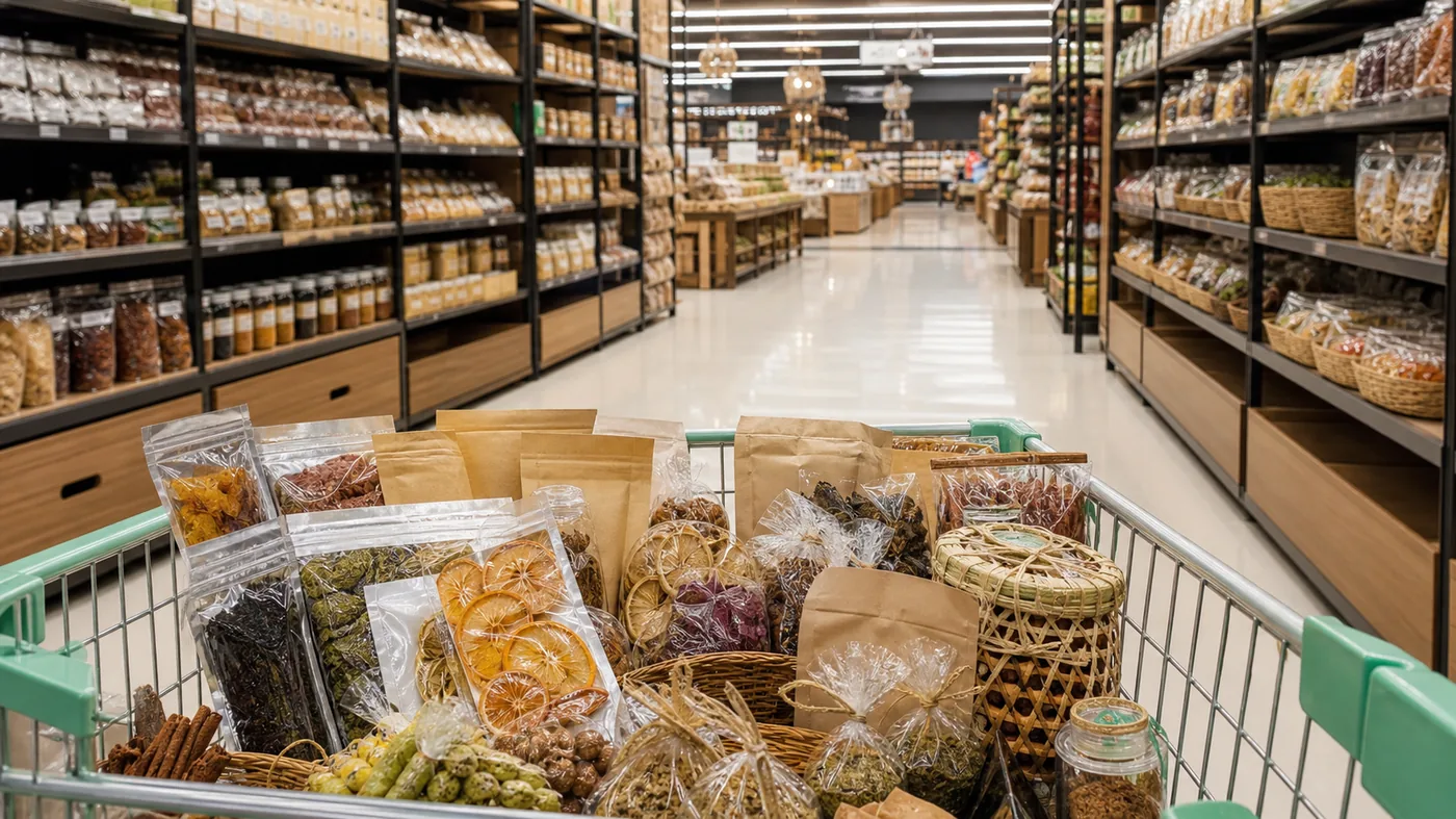Корзина с тайскими продуктами и сувенирами в супермаркете