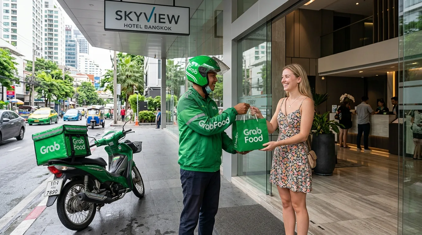 Курьер GrabFood в зеленой форме доставляет еду туристу в лобби отеля в Таиланде