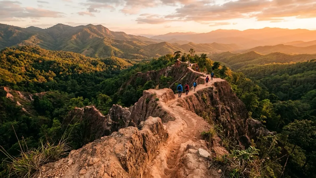 Каньон Пай в лучах заходящего солнца с тропой по узким песчаным гребням