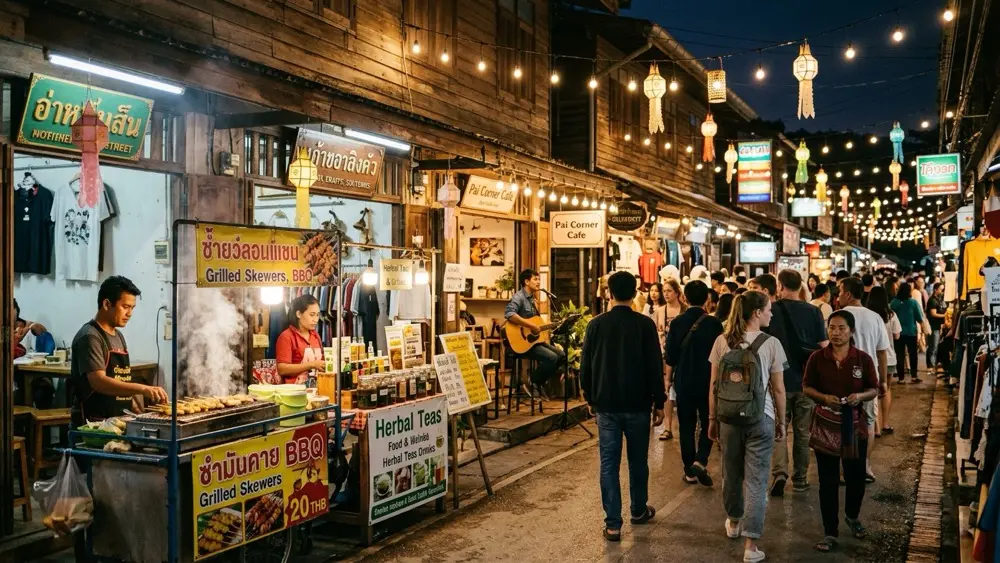 Пешеходная улица Walking Street и ночной рынок в городке Пай на севере Таиланда