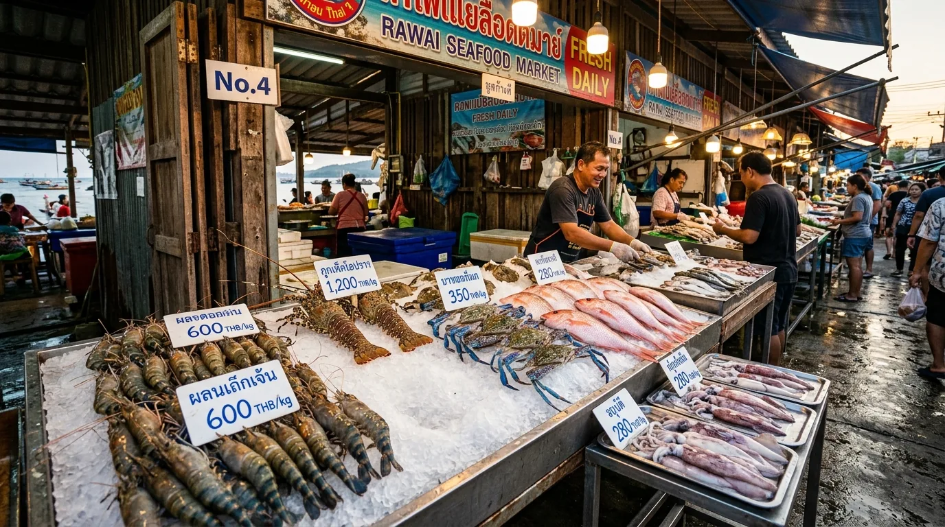Прилавки рыбного рынка Раваи на Пхукете в Таиланде с живыми морепродуктами