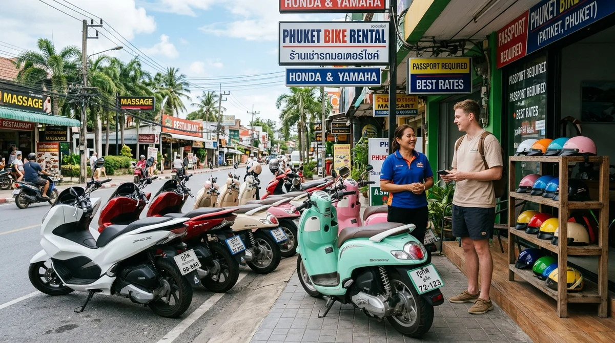 Прокат байков и скутеров в Таиланде с рядами скутеров Honda PCX и Scoopy