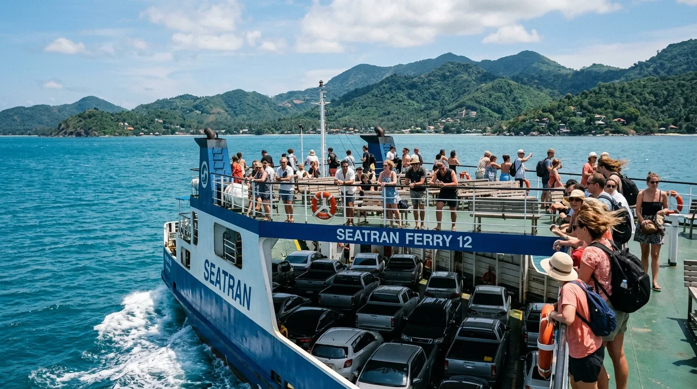 Автомобильный паром Seatran Ferry с пассажирами на верхней палубе на пути на Самуи