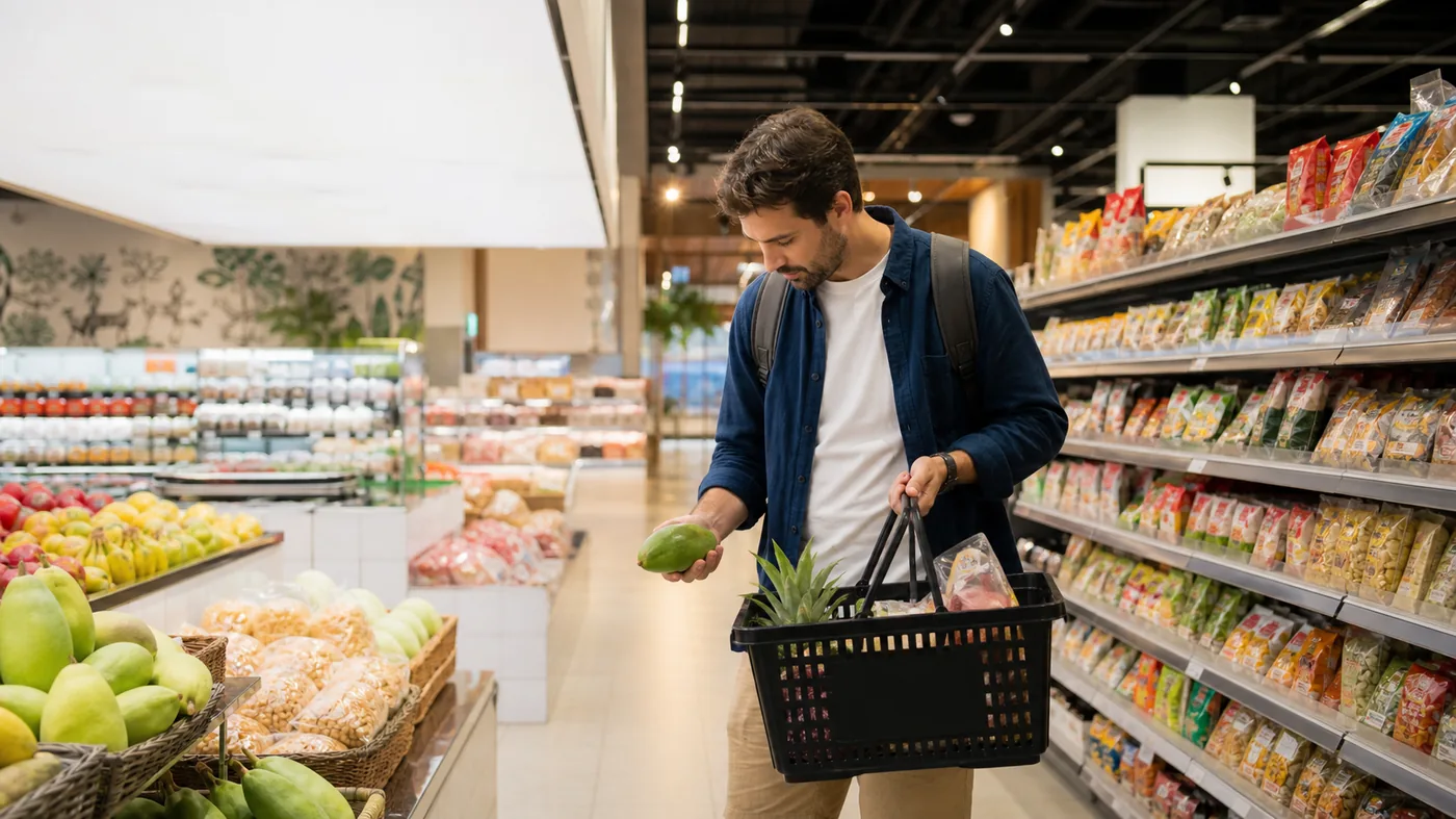 Турист выбирает продукты в современном супермаркете Таиланда