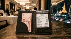 Счет в тайском ресторане со строкой Service Charge 10% и чаевые 100 бат