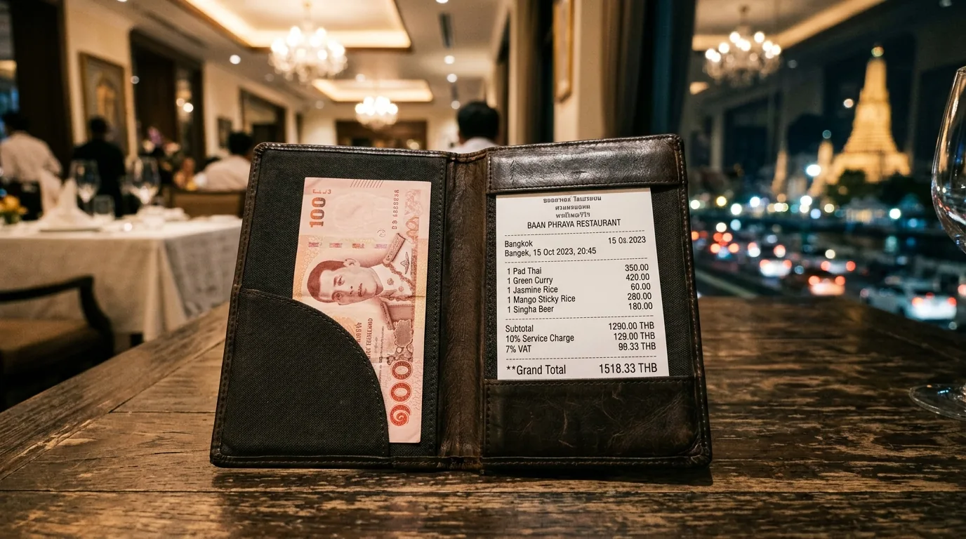 Счет в тайском ресторане со строкой Service Charge 10% и чаевые 100 бат