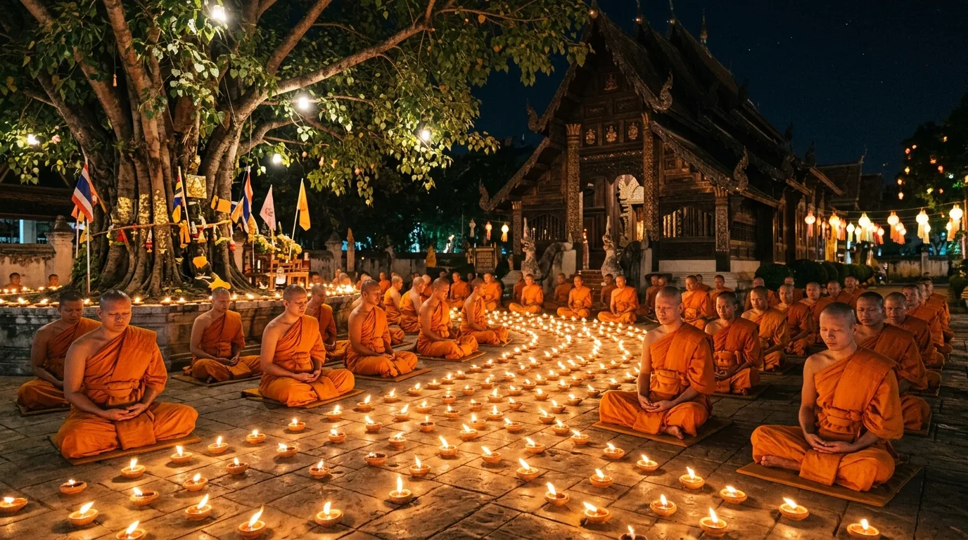 Монахи зажигают лампады в храме Wat Phan Tao в Чиангмае во время Лой Кратонг