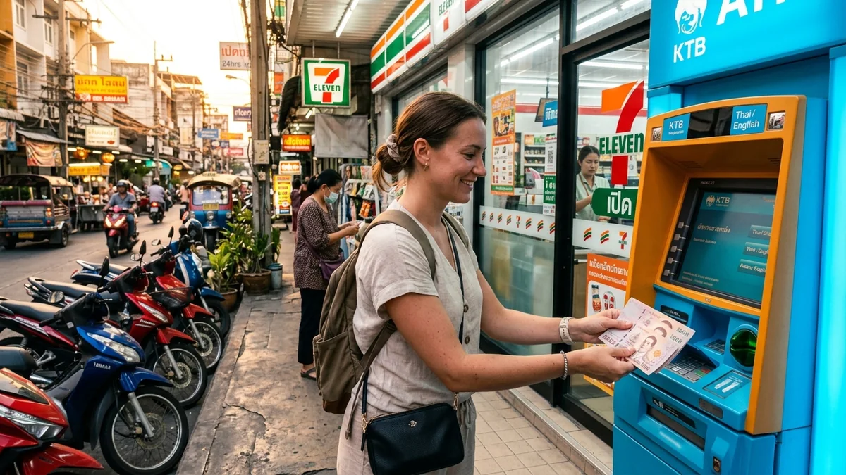 Девушка снимает купюры 1000 бат в тайском банкомате возле магазина 7-Eleven