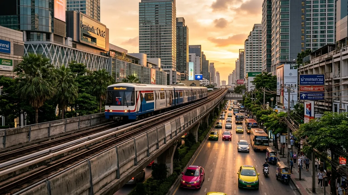 Поезд надземного метро BTS Skytrain мчится по эстакаде над дорогами Бангкока на закате