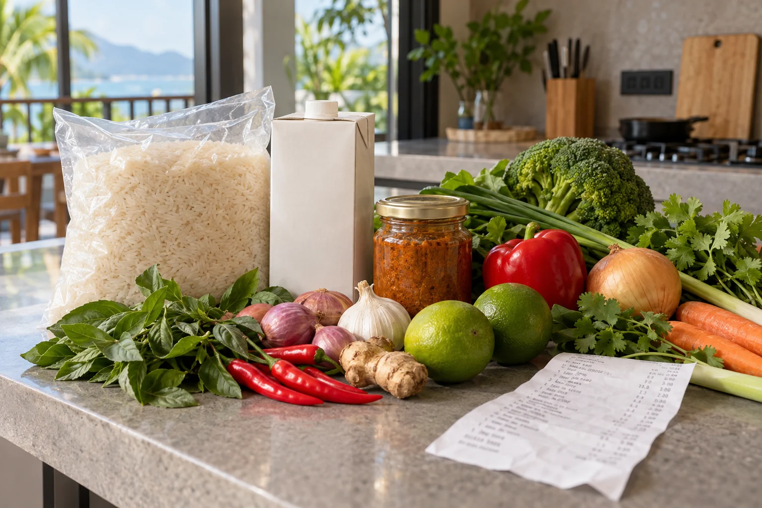 Продукты для домашнего ужина на кухне отпускной квартиры