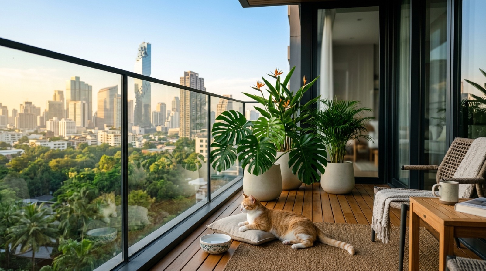 Домашняя кошка отдыхает на деревянном балконе pet-friendly кондоминиума в Бангкоке с видом на город и зелень