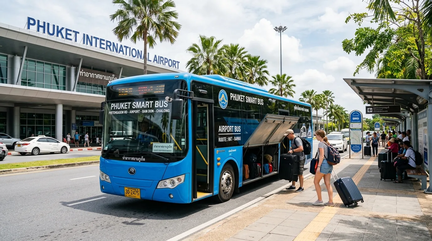 Синий автобус Phuket Smart Bus на остановке у аэропорта Пхукета с пассажирами