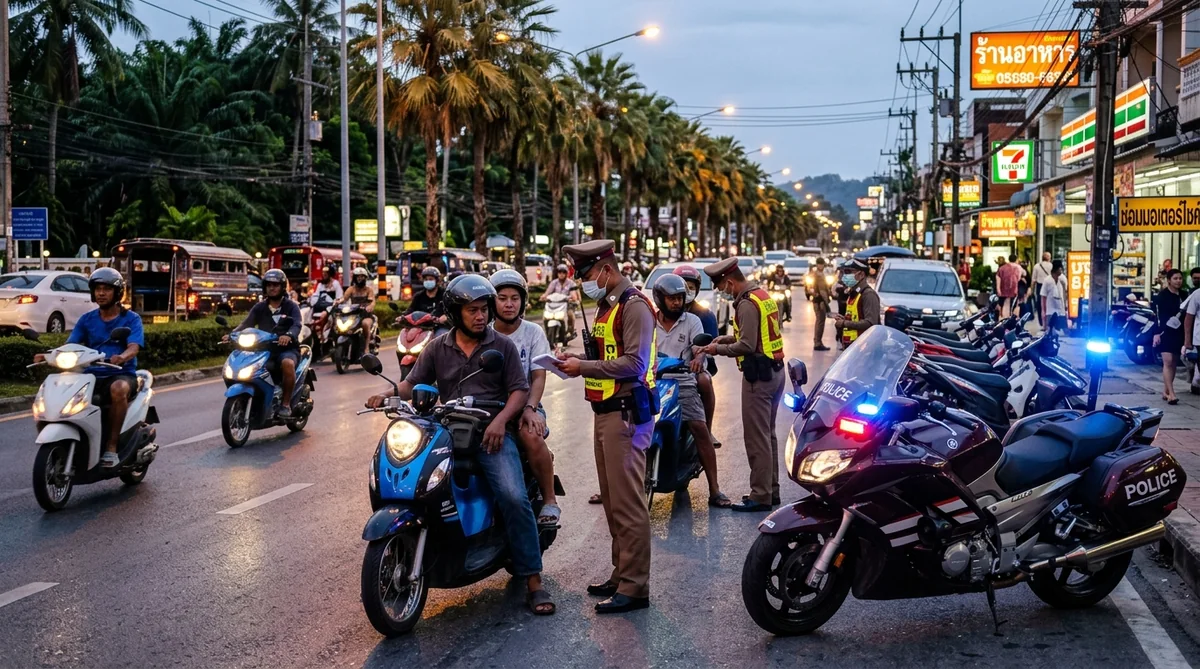 Офицеры полиции Таиланда на вечернем дорожном чекпоинте проверяют документы и вещи